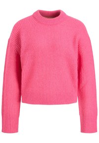 Pink knitted sweater featuring a ribbed texture, high round neckline, and long sleeves. Cropped design with relaxed fit.