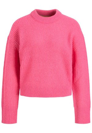 Roze gebreide trui met een ribbelstructuur, hoge ronde halslijn en lange mouwen. Verkorte design met een relaxte pasvorm.