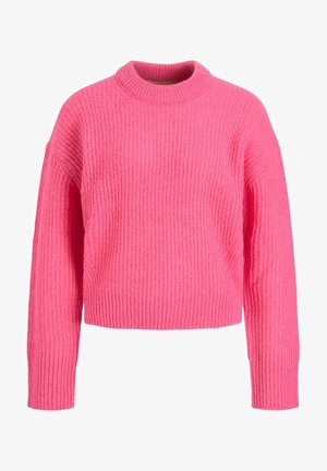 Pink knitted sweater featuring a ribbed texture, high round neckline, and long sleeves. Cropped design with relaxed fit.