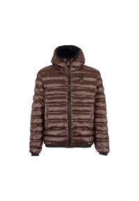 Bruine pufferjacket met een rits aan de voorkant, capuchon en gestreepte manchetten. Heeft een geborduurde structuur en een klein logo-embleem op de borst.
