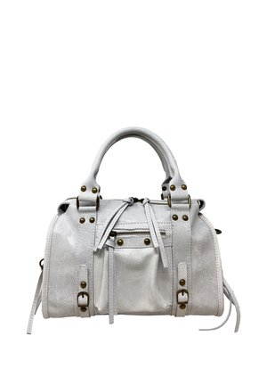 Borsa a mano in pelle bianca con doppi manici, tasca frontale con zip, fibbie decorative e rivetti color ottone.