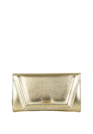 Clutch metallico oro con un design elegante e strutturato, dotato di una patta triangolare, una superficie liscia e un marchio discreto sulla parte anteriore.