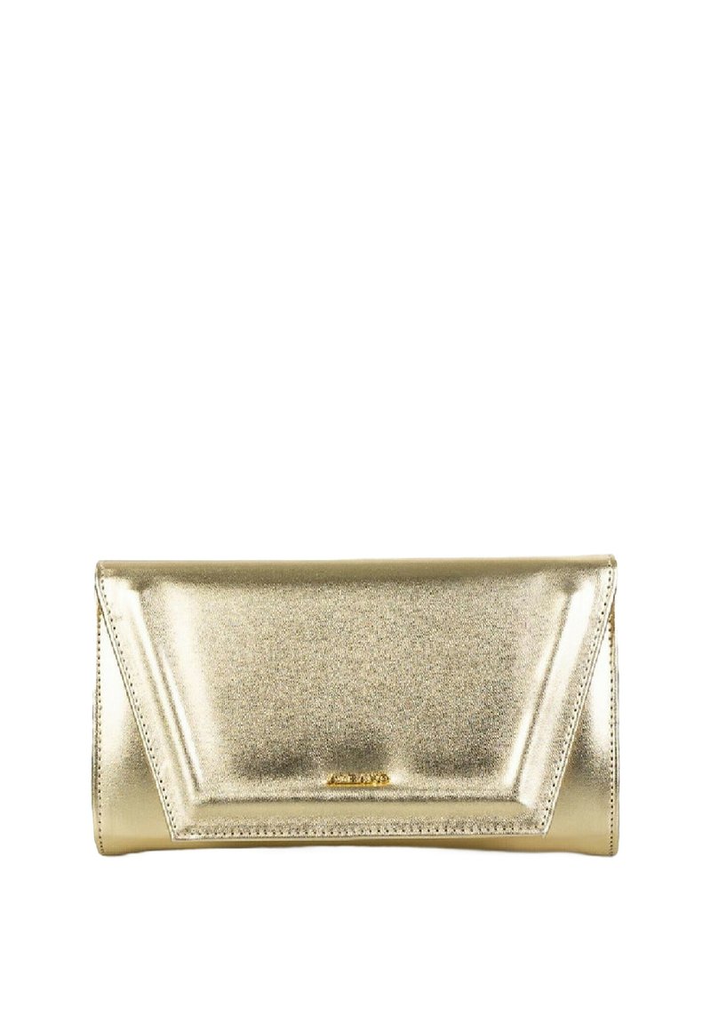 Clutch metallico oro con un design elegante e strutturato, dotato di una patta triangolare, una superficie liscia e un marchio discreto sulla parte anteriore.