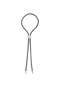 Black leather bolo tie with a hexagonal silver metal slide and cylindrical metal tips on the ends. Simple, streamlined design.