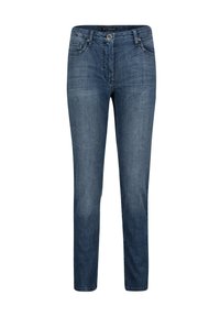 Blå skinny-fit denimjeans med knäppning och dragkedja, fram- och bakfickor samt subtila blekta detaljer.