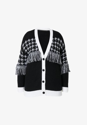 Zwart-wit gebreide cardigan met een V-hals, knoopsluiting, houndstoothpatroon, franjes op de mouwen en een geribde onderrand.