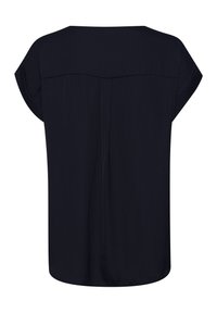 Blouse à manches courtes bleu marine avec un col rond, motif texturé et une légère coupe évasée, comportant une couture droite au dos.