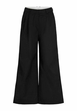 Pantalon noir à jambes larges, taille haute avec passants de ceinture, fermeture éclair à l'avant et plis.
