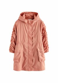 Lättvikts, huvad jacka i mjuk rosa, med rynkade ärmar, två framfickor, knappstängningar och en något oversized silhuett.