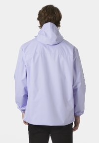 Lavender waterproof jacket with a hood, elastic cuffs, and a relaxed fit. Features a logo on the left sleeve and a smooth texture.