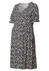 Blommönstrad klänning med korta puffärmar, v-ringning, elastiskt tyg och en svart bas med gula, vita och blå blommor.