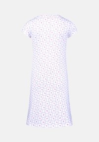 Weißes Kurzarmkleid mit einem kreisförmigen Blumenmuster in Pink, mit einer dezent strukturierten Oberfläche und einem rundem Ausschnitt.