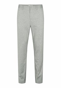 Pantalon gris clair coupe slim avec fermeture à boutons et passants pour ceinture, fabriqué en tissu doux, adapté pour un style décontracté ou business casual.
