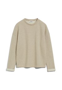 Béžová mikina z měkké látky s kulatým výstřihem a dlouhými rukávy. Má ohrnuté manžety a boční rozparky na lemu.