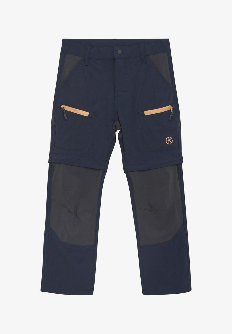 Pantalons d'extérieur bleu marine et gris en tissu durable, avec de multiples poches dotées de zips orange et des zones de genoux renforcées.