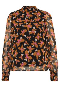 Svart genomskinlig blus med långa ärmar som har ett blommönster i orange och rosa, kompletterat med geometriska vita accenter och hög krage.