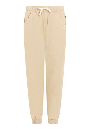Pantalon beige à taille élastique avec cordon de serrage, poches latérales et poignets élastiques, conçu pour un confort décontracté.