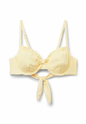 Lichtgele geribbelde bikinitop met beugelcups, verstelbare schouderbandjes, voorstrik en knoopdetail onder de buste.
