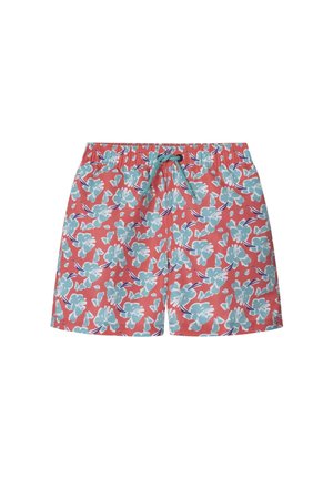 Costumi da bagno rossi con un motivo floreale blu, con una cintura elastica e cordino. Realizzati in tessuto leggero e ad asciugatura rapida.