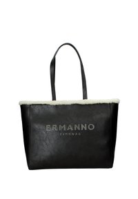 Borsa tote in pelle nera con rifiniture in shearling crema e due manici, con il logo "ERMANNO FIRENZE" in rilievo sul fronte.