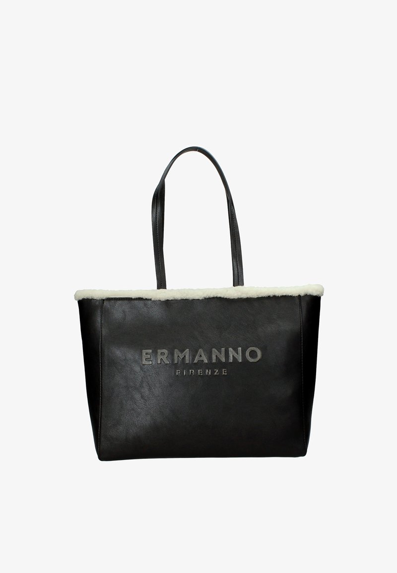 Borsa tote in pelle nera con rifiniture in shearling crema e due manici, con il logo "ERMANNO FIRENZE" in rilievo sul fronte.