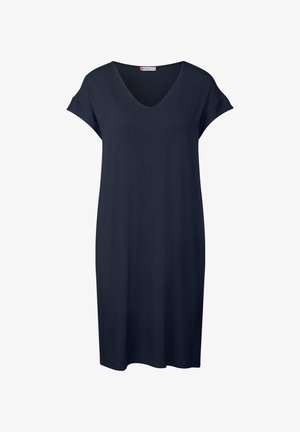 Robe bleu marine à manches courtes avec un décolleté en V, fabriquée dans un tissu doux, présentant une coupe décontractée et une longueur au genou. Sans motifs ni accents.