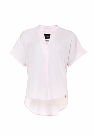 Top corto a maniche corte di colore rosa chiaro con colletto alla mandarina, pattina frontale e orlo arrotondato. Realizzato in un tessuto morbido e leggero.