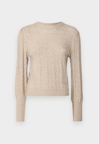 Pull en tricot beige avec un motif ondulé, col rond et manches longues côtelées. La texture semble douce et délicate.