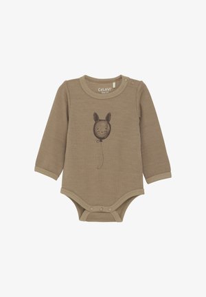 Braunes langärmliges Bodysuit aus weichem Stoff. Mit einem niedlichen Cartoon-Gesicht eines Esels in Dunkelbraun bedruckt. Mit Druckknöpfen ausgestattet.