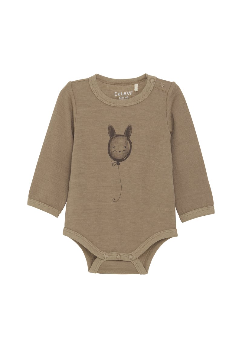 Brun långärmad bodysuit gjord av mjukt tyg. Har en söt tecknad ansikte av en åsna tryckt i mörkbrunt. Innehåller knäppknappar.