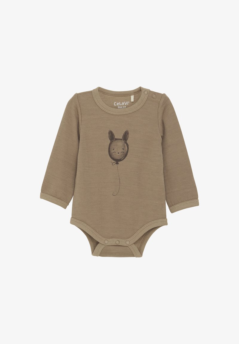 Brun långärmad bodysuit gjord av mjukt tyg. Har en söt tecknad ansikte av en åsna tryckt i mörkbrunt. Innehåller knäppknappar.