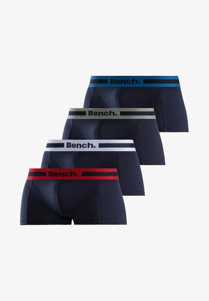 Marineblaue Boxer-Briefs mit tailliertem Design, ausgestattet mit einem rot-schwarzen elastischen Bund, der mit "Bench" beschriftet ist. Weiche, glatte Textur ohne Muster.