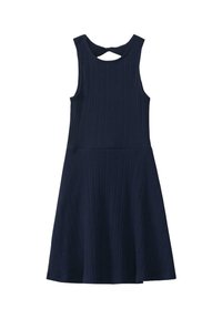 Navyblaues ärmelloses Kleid mit geripptem Muster, tailliertem Oberteil und ausgestellt Rock. Besitzt einen Schlüsselring-Ausschnitt auf der Rückseite.