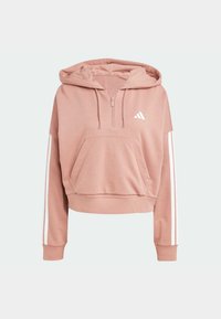 Roza skrajšana kapuca z sprednjim žepom, kapuco na vrvico in bele črte na rokavih. Ima pol zadrgo in logo na prsih.