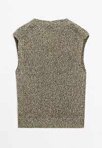 Veste sans manches tricotée en fil chiné gris et beige avec un col rond et un ourlet côtelé, posée à plat sur un fond blanc.