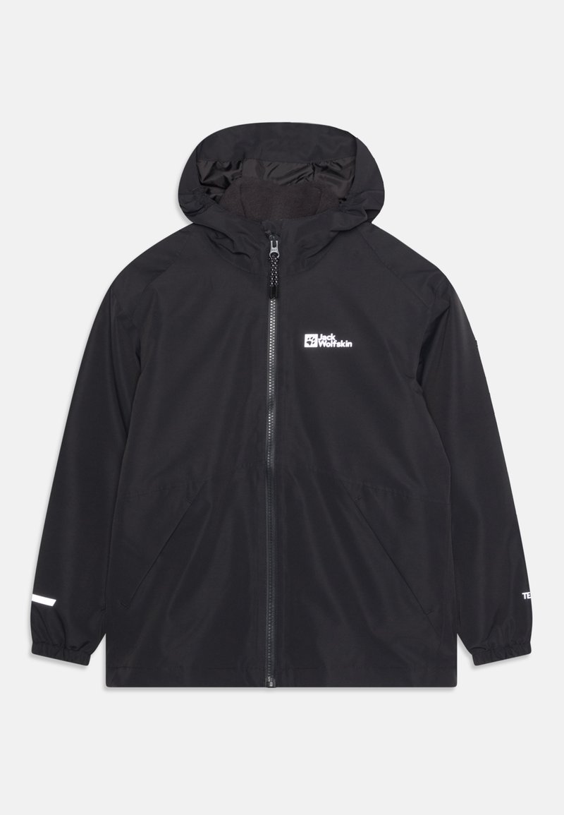 Schwarze Jacke mit Kapuze, Frontreißverschluss und elastischen Bündchen. Sie verfügt über ein weißes Logo auf der Brust und ein reflektierendes Detail am Ärmel.