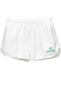 Weiße Sportshorts mit einem elastischen Bund. "BRAZIL" ist in Grün aufgedruckt, neben einer kleinen brasilianischen Flagge. Weicher, leichter Stoff.