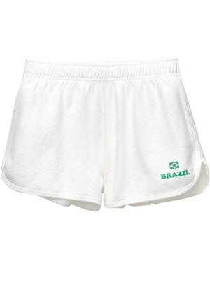 White athletic shorts with an elastic waistband. "BRAZIL" is printed in green, alongside a small Brazilian flag. Soft, lightweight fabric.