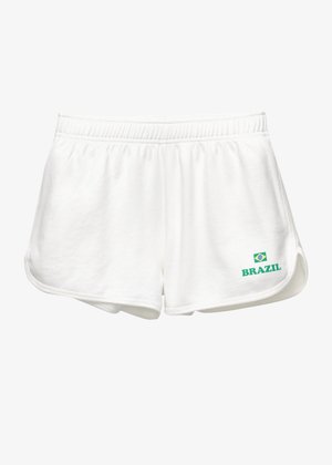 Bela atletska kratka hlače bele barve s elastičnim pasom. "BRAZIL" je natisnjeno z zeleno barvo poleg majhne brazilske zastave. Mehek, lahkoten material.