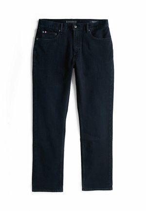 Calças de ganga de denim azul escuro com um design de perna reta, bolsos frontais e um cós costurado. Apresenta acessórios em metal e um discreto logo em forma de patch.