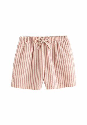 Pink and white vertical striped elastic waist shorts with a front tied drawstring, made of lightweight fabric.