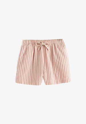 Shorts à rayures verticales rose et blanches avec une taille élastique et un cordon de serrage noué à l'avant, confectionnés en tissu léger.