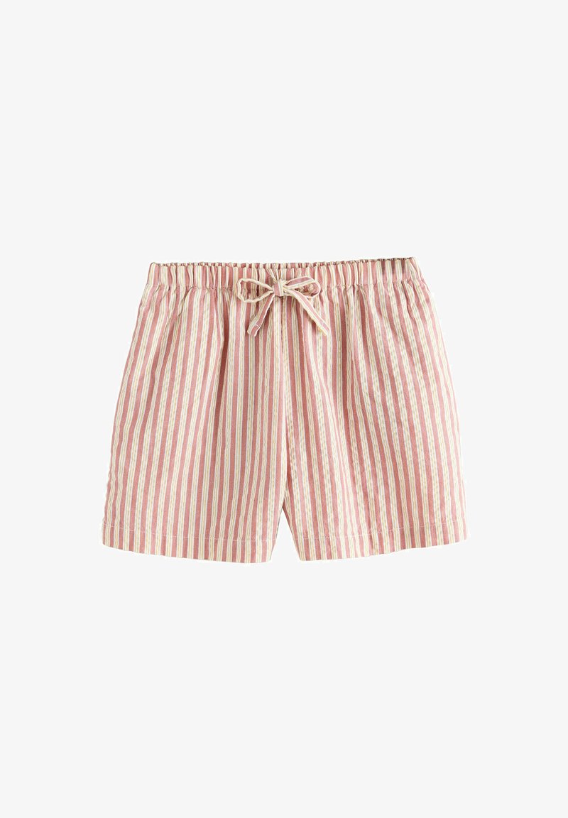 Shorts à rayures verticales rose et blanches avec une taille élastique et un cordon de serrage noué à l'avant, confectionnés en tissu léger.