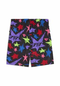 Sorte shorts med nettekstur, prydet med et mønster af farverige stjerner i rød, blå, grøn, lilla og pink. Inkluderet elastisk talje.