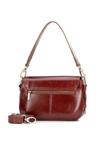 Borsa a spalla in pelle marrone con una tasca frontale con zip, tracolla regolabile e hardware color oro, caratterizzata da una forma rettangolare slanciata.