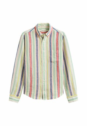 Overhemd met lange mouwen en knopen, met verticale strepen in rood, blauw, geel en groen op een lichte achtergrond en een borstzak aan de linkerkant.