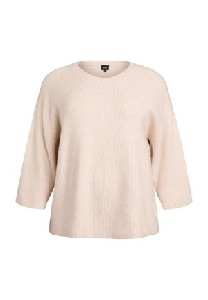 Lichtbeige gebreide trui met ronde hals en driekwart mouwen, met een ontspannen pasvorm en geribbelde details.