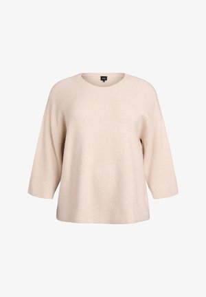 Lichtbeige gebreide trui met ronde hals en driekwart mouwen, met een ontspannen pasvorm en geribbelde details.