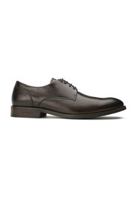 Brown leather dress shoe with a smooth finish, rounded toe, four eyelets, and low block heel. Subtle branding on the heel.