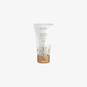 Geske German Beauty Tech Depuffing Eye Serum tube met goudgevlekt ontwerp, aloë vera, vitamines en anti-zwelling formule.